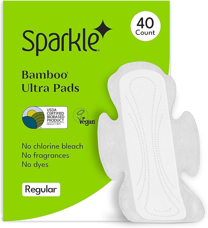 Sparkle Bamboo Ultra Thin Pads | Plant-Based Feminine Hygiene Pads for Women | Super Soft & Leak-Proof with Wings | USDA Certified Biobased, Chlorine-Free, Hypoallergenic Protection | Regular 40 Count