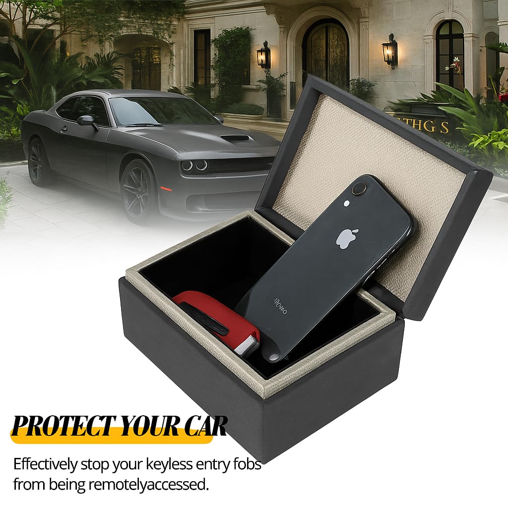 Faraday Box for Car Keys, RFID Signal Blocking Key Fob Protector, Large Capacity Suede Anti-Theft Box with Silver Buckle (Fits Multiple Keys, Phones & Cards) - Black