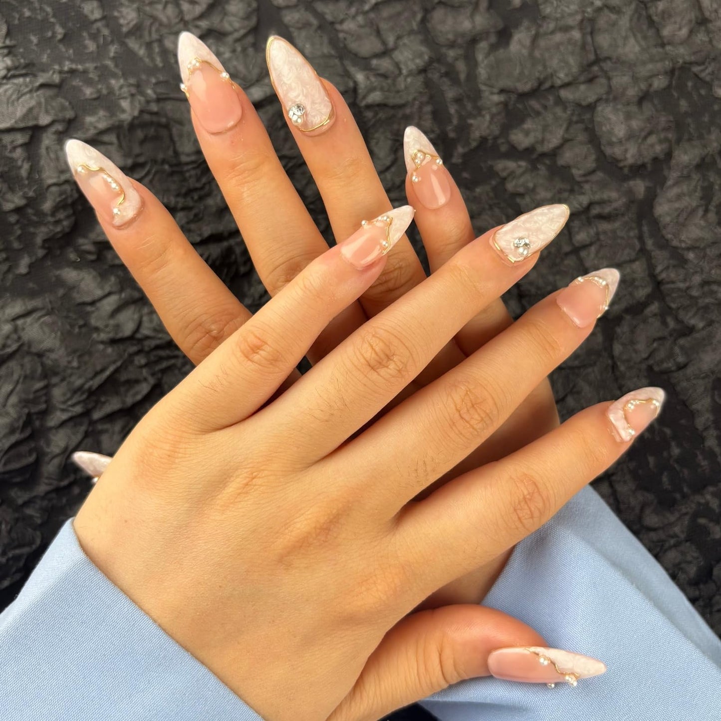 AKA Unicorn Large Handmade Press On Nails Short Almond,Nude Pink Acrylic Nails,Luxury Nail Press On with Charm Pearl Design for Wedding&Party Wear-True Love Design Concept