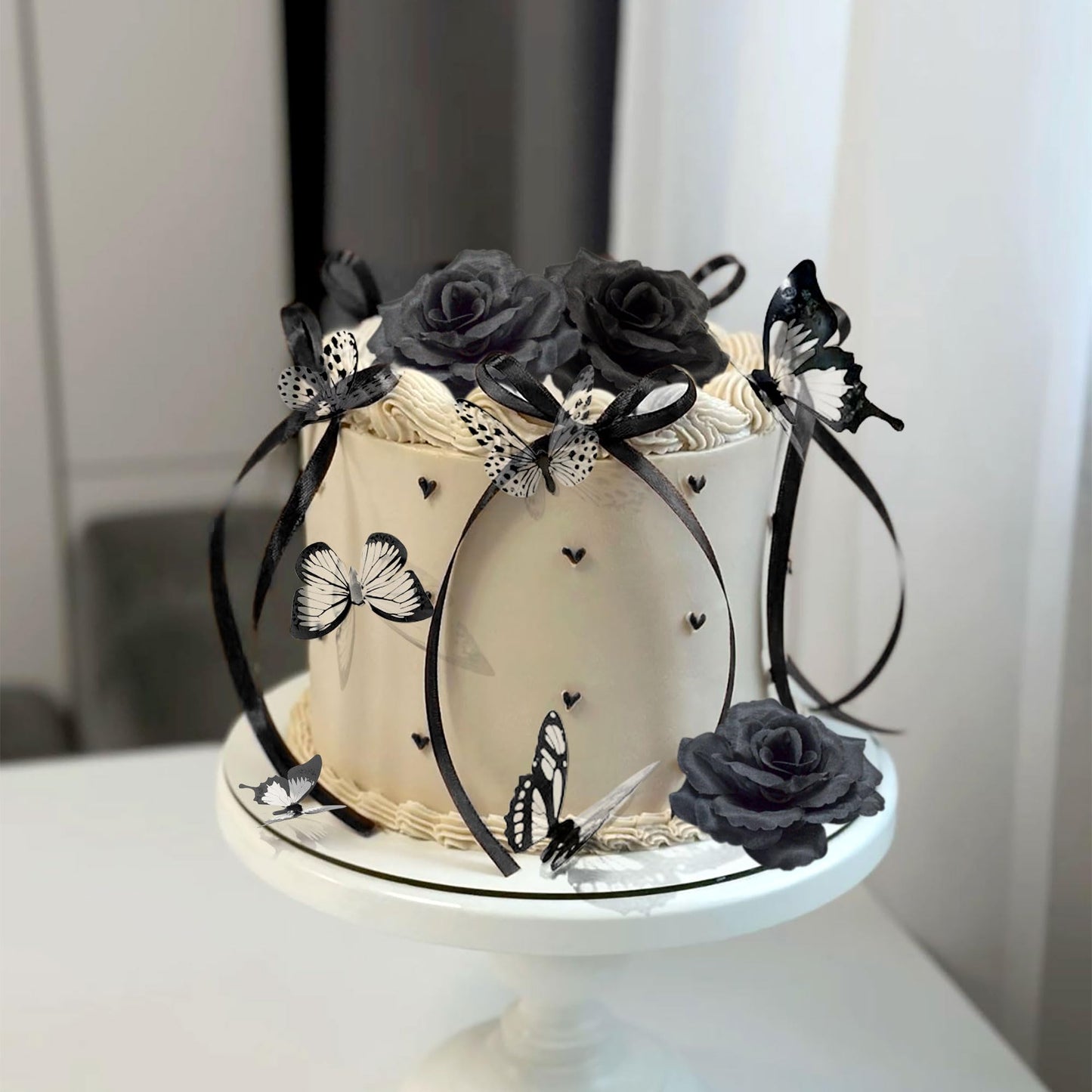 Gothic Cake Decorations Bows Butterfly Black Rose Cake Topper Butterfly Coquette Cake Toppers for Goth Birthday Party Supplies