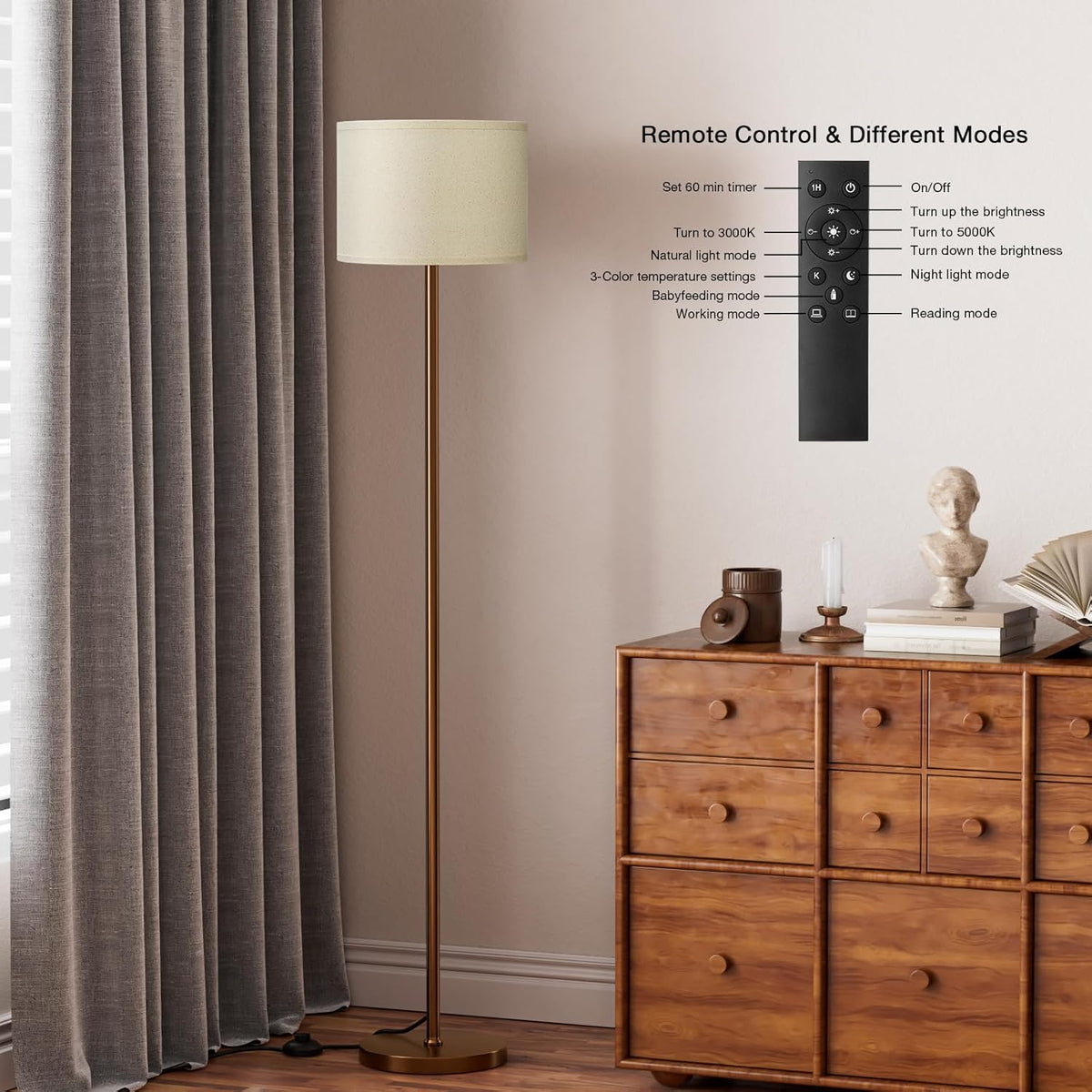 Ambimall Floor Lamps for Living Room with Remote Control and Stepless Dimmable Colors Temperature & Brightness, 9W Bulb Included(Beige Lampshade & Brown Pole)