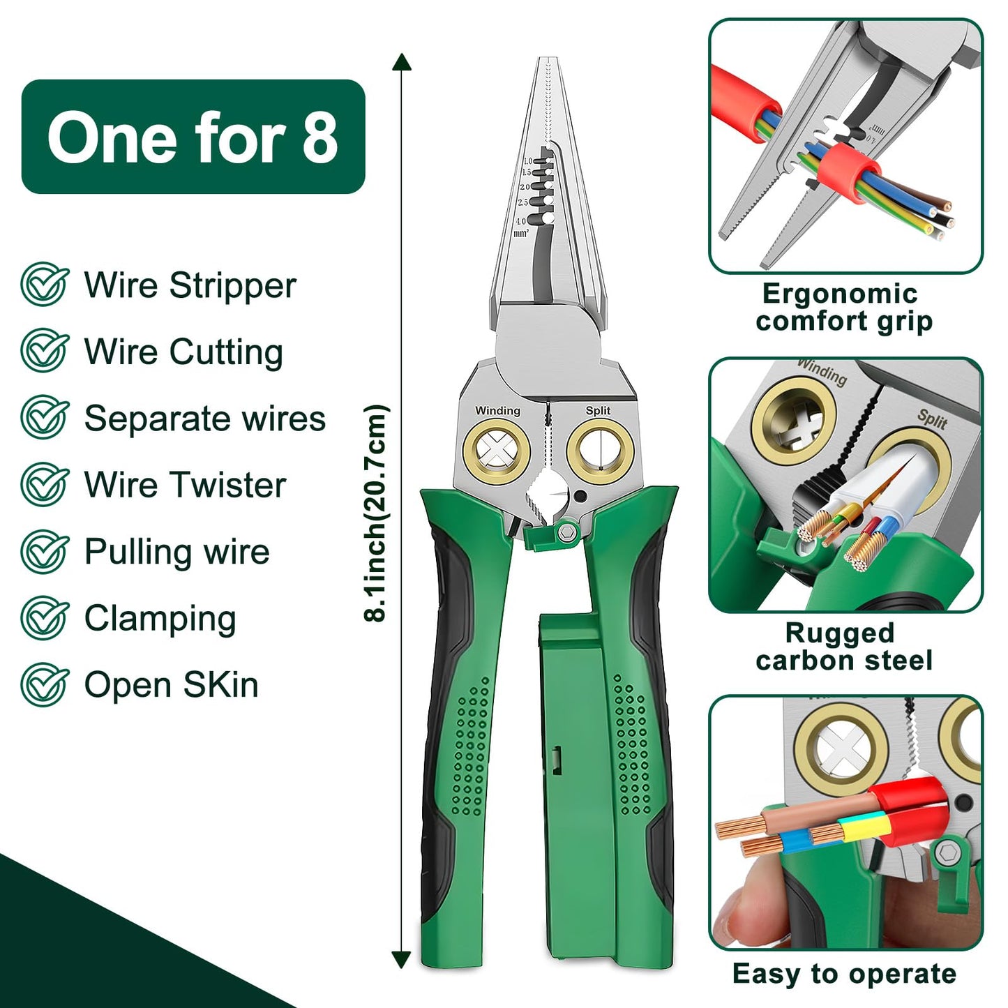 GADO Pro 8-in-1 Wire Stripper/Cutter with Voltage Tester & Dual Alarms - Heavy Duty 12-250V AC/DC Electrical Tester for Hot/Neutral Wires - Electrician, HVAC, Car Repair Tool (Green)