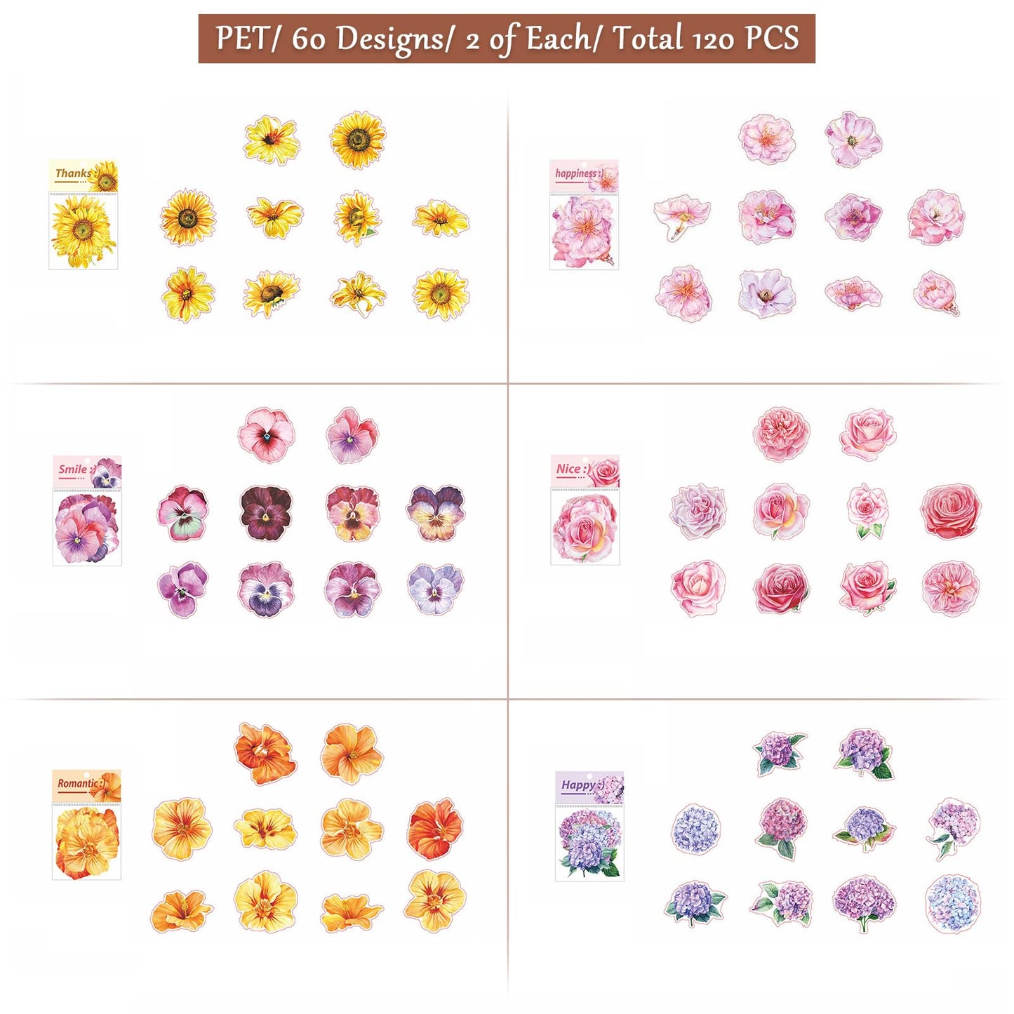 RISYPISY 120PCS Large Flower Stickers, Waterproof Transparent Sticker | Floral Decals for Scrapbooking, Water Bottle, Laptop, Junk Journal, Bullet Journals, Planners