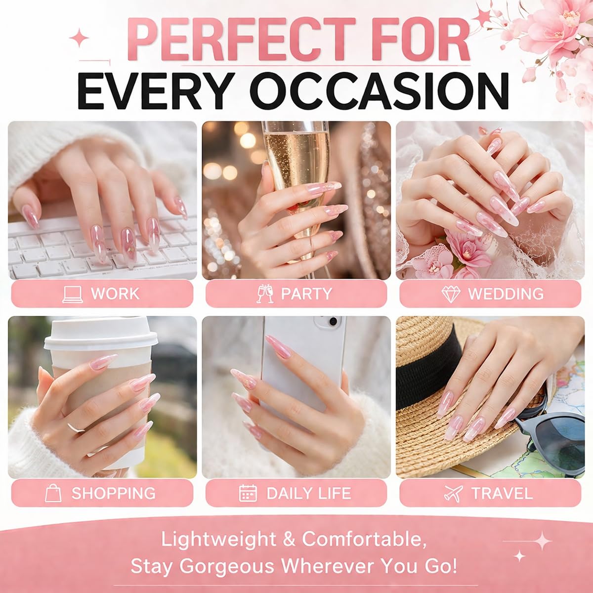 30Pcs Summer Press on Nails Medium Almond French Tip Fake Nails Cute Flower Cherry Blossom False Nails with 3D Pearl & Rhinestones Designs Reusable Pink Blue Acrylic Stick on Nails for Women Manicure