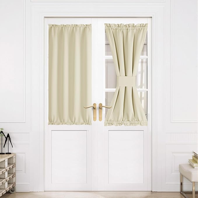 NICETOWN Blackout Door Curtain – Thermal Insulated Blackout Window Cover for French & Front Doors with Adjustable Tieback, Room Darkening Shade for Privacy, Light Beige, W30 x L50, 1 Panel
