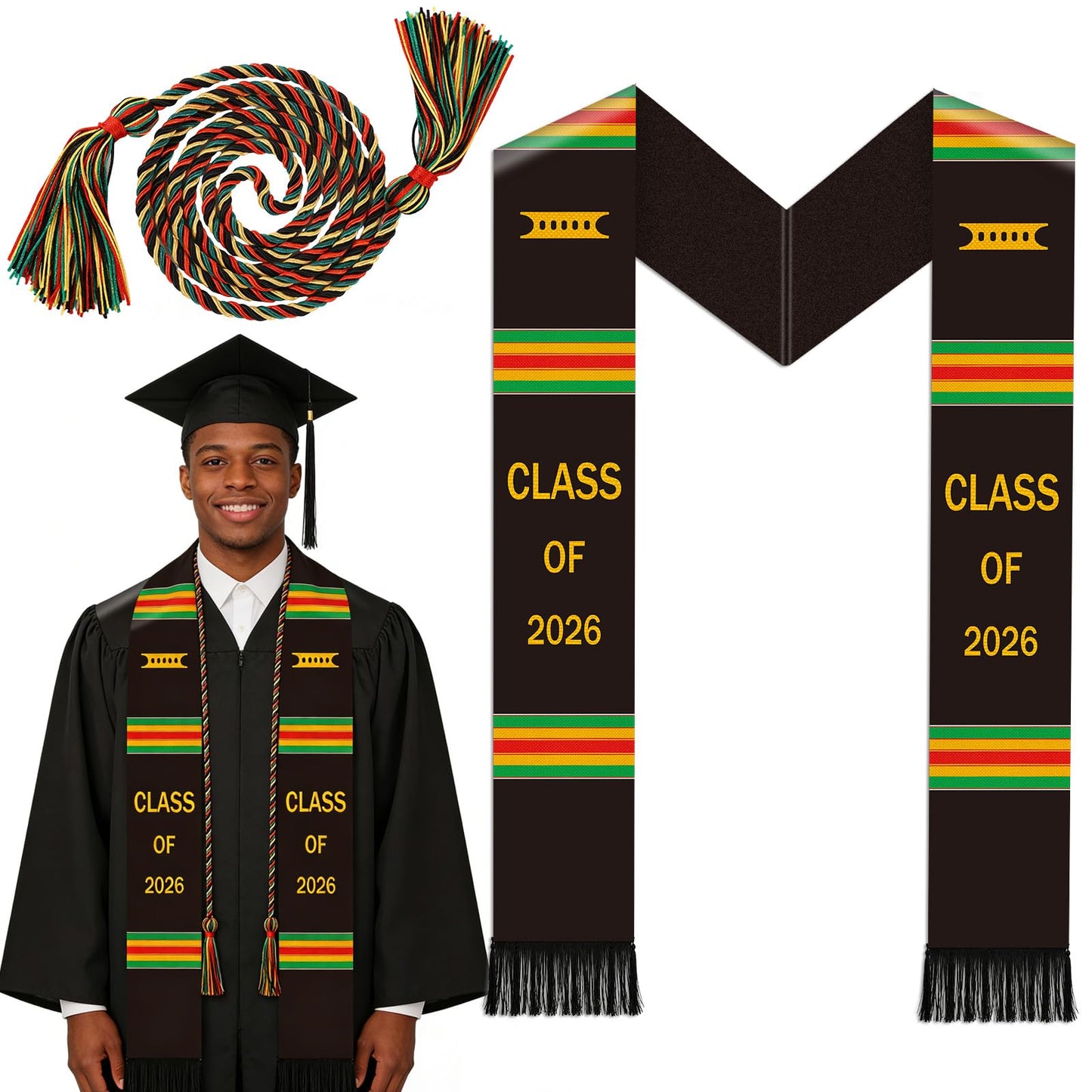 Silkovahamd Kente Black Graduation Stole - Class of 2026 Honor Cord African Pride Sash for College High School, Black Graduates College Keepsake Accessory