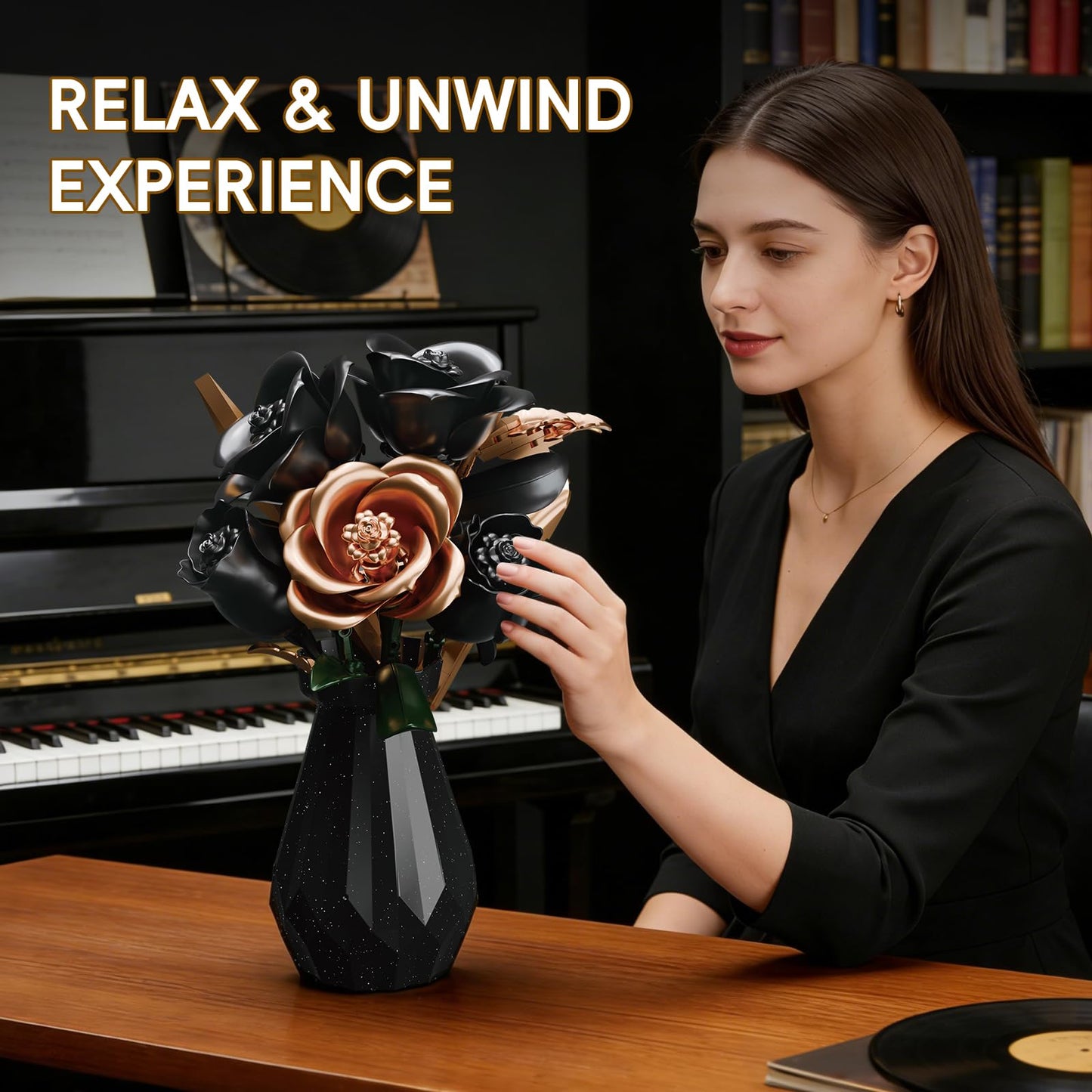 APENGBAOL Black Roses Flower Bouquet Building Set with Vase - 255 Pcs Botanical Collection with Rose Gold Accent Artificial Floral Centerpiece Gothic Home Decor Gift for Adults