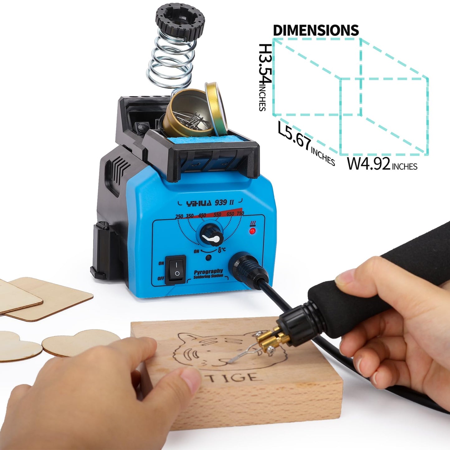 YIHUA 939-II Wood Burning Kit Station Pyrography Pen 250~750℃/482~1382℉ Temperature Adjustable with 20 Wire Nibs, 1 Stable Pen Holder, 2 Stencils, 2 Scrap Wood, 1 S/S Tweezers, and 1 Pliers (Blue)