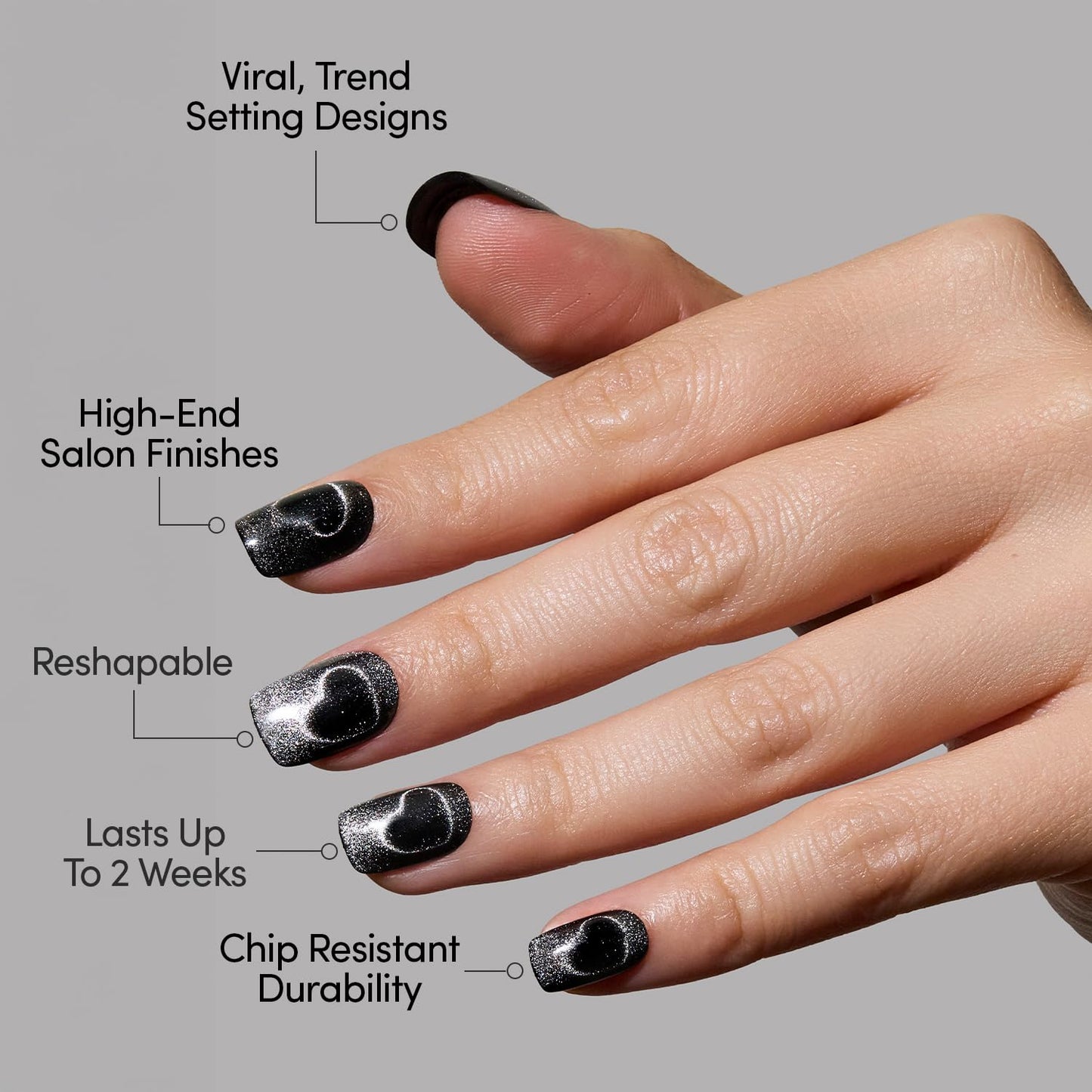 Glamnetic Press On Nails - Midnight Romance | Short Squoval Black Fake Nails with Magnetic Cat-Eye Design & Finish, Salon Quality | 15 Sizes - 30 Nail Kit with Glue