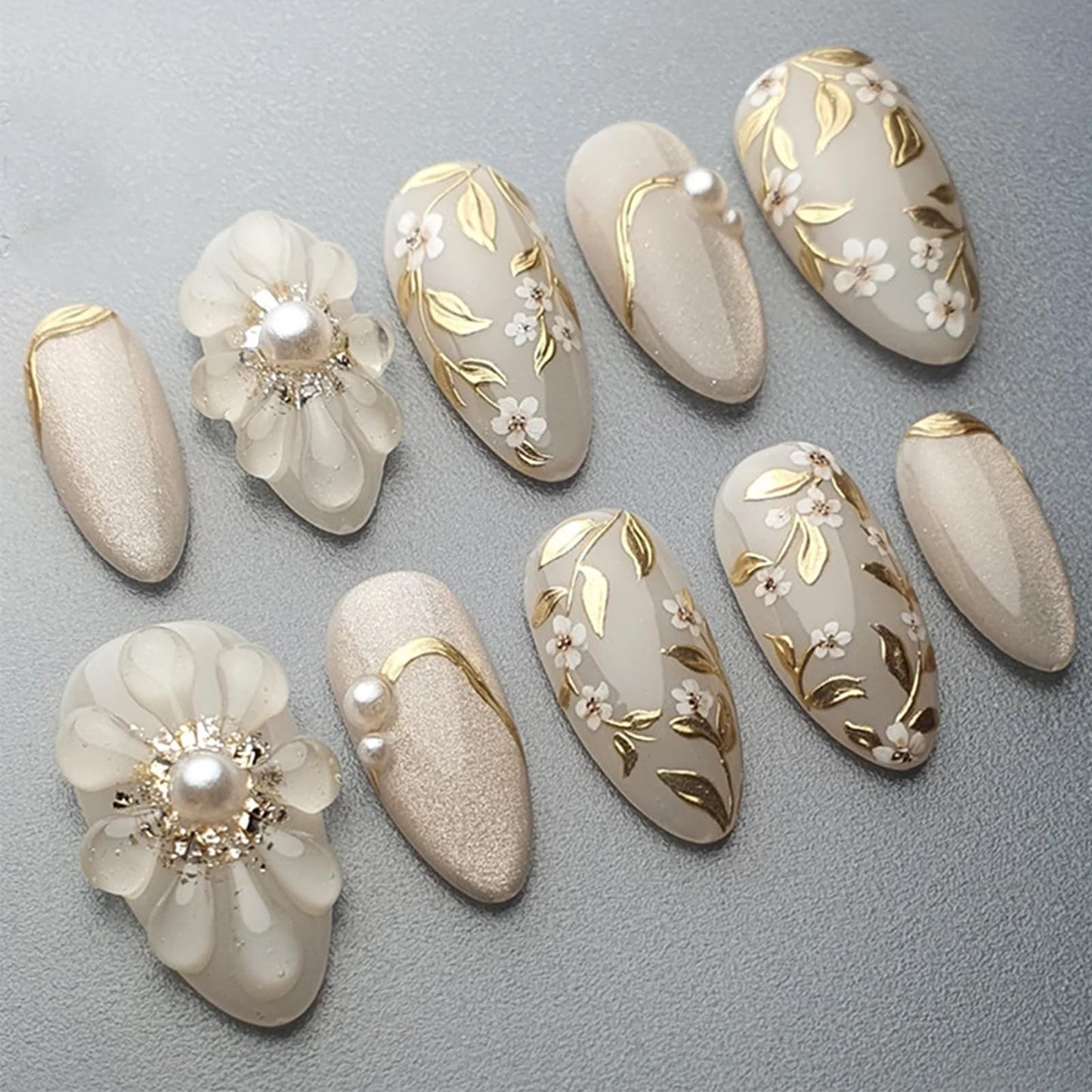 30Pcs Handmade Press on Nails Medium Almond Shape 3D Flower Fake Nails with Chrome Gold Foil Leaves Pearl Designs Nude White Shiny Acrylic Nails Reusable Full Cover Artificial False Nails for Women