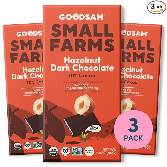 GoodSAM Hazelnut Dark Chocolate Bars - (Pack of 3) – 70% Cacao Premium Organic Dark Chocolate with Roasted Hazelnuts – Fair Trade Snacks that Support Small Family Farms