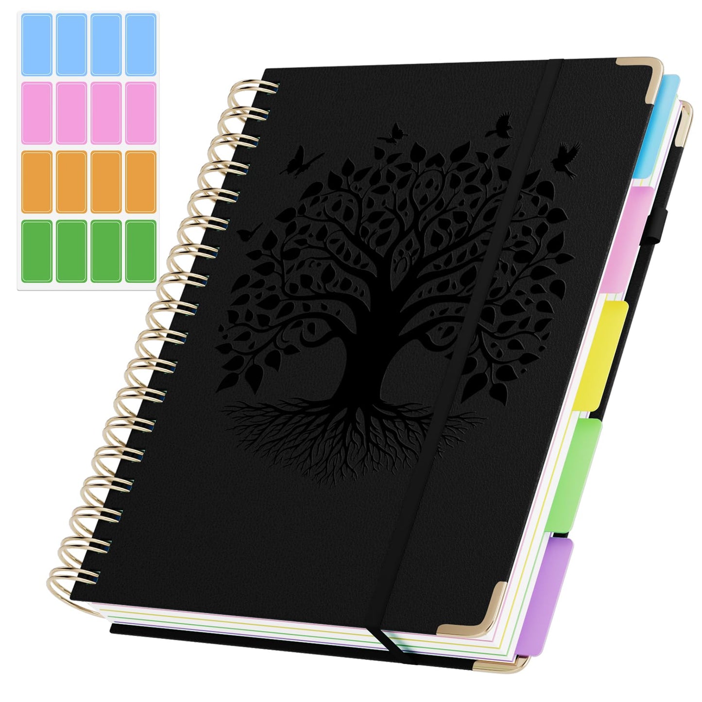 QIYVLOS Hardcover Spiral Notebook, B5 Journal with Removable Dividers Tabs, 5 Subject Notebook College Ruled, 320 Pages 8"x10" Leather Notebooks for Work School Study, Lined Journal for Women, Black