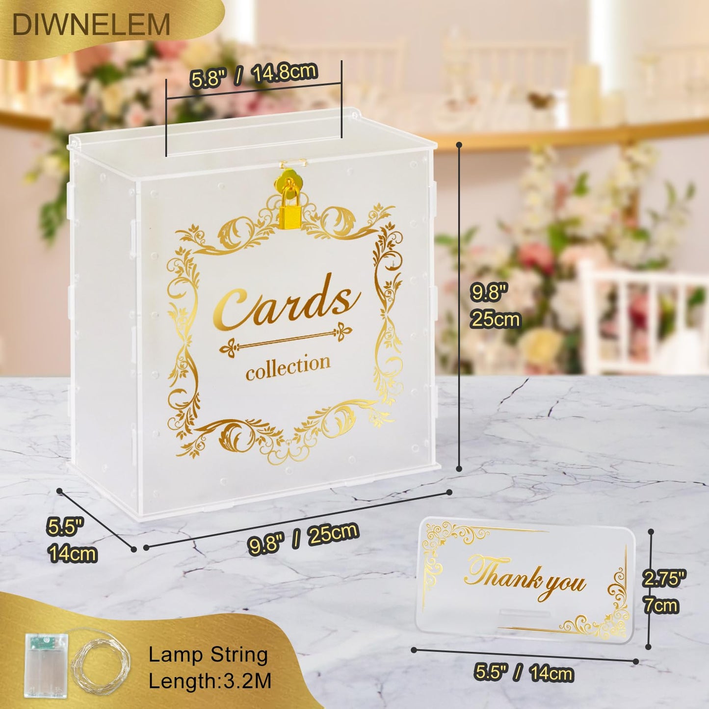 DIWNELEM Acrylic Wedding Card Box with Lock String Light Frosted Large Card Box for Wedding Letter Box Envelope Box Acrylic Gift Card Box Money Box for Party Birthday Reception