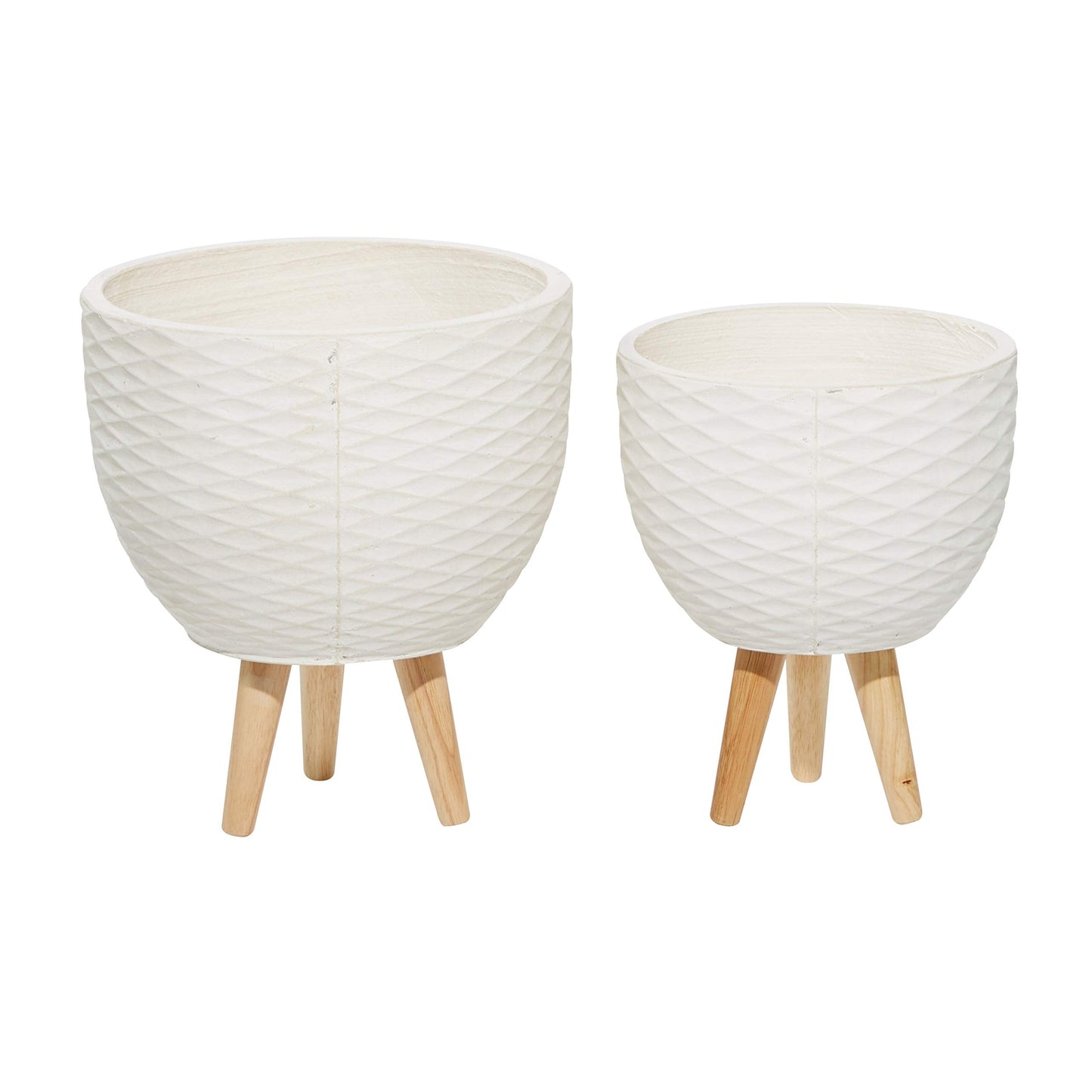 Deco 79 Ceramic Geometric Indoor Outdoor Planter Diamond Patterned Large Planter Pot with Wood Tripod Legs, Set of 2 Planters 16", 14"H, White