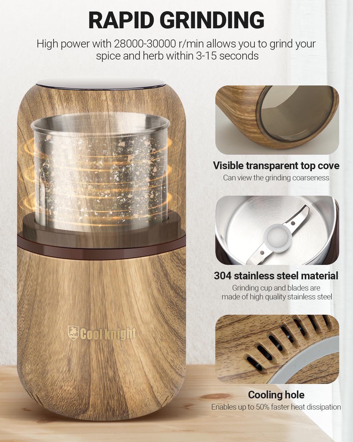 COOL KNIGHT Electric Herb Grinder [Large Capacity/High Rotating Speed]-Electric Grinder for Spices and Herbs (Wood grain 2)