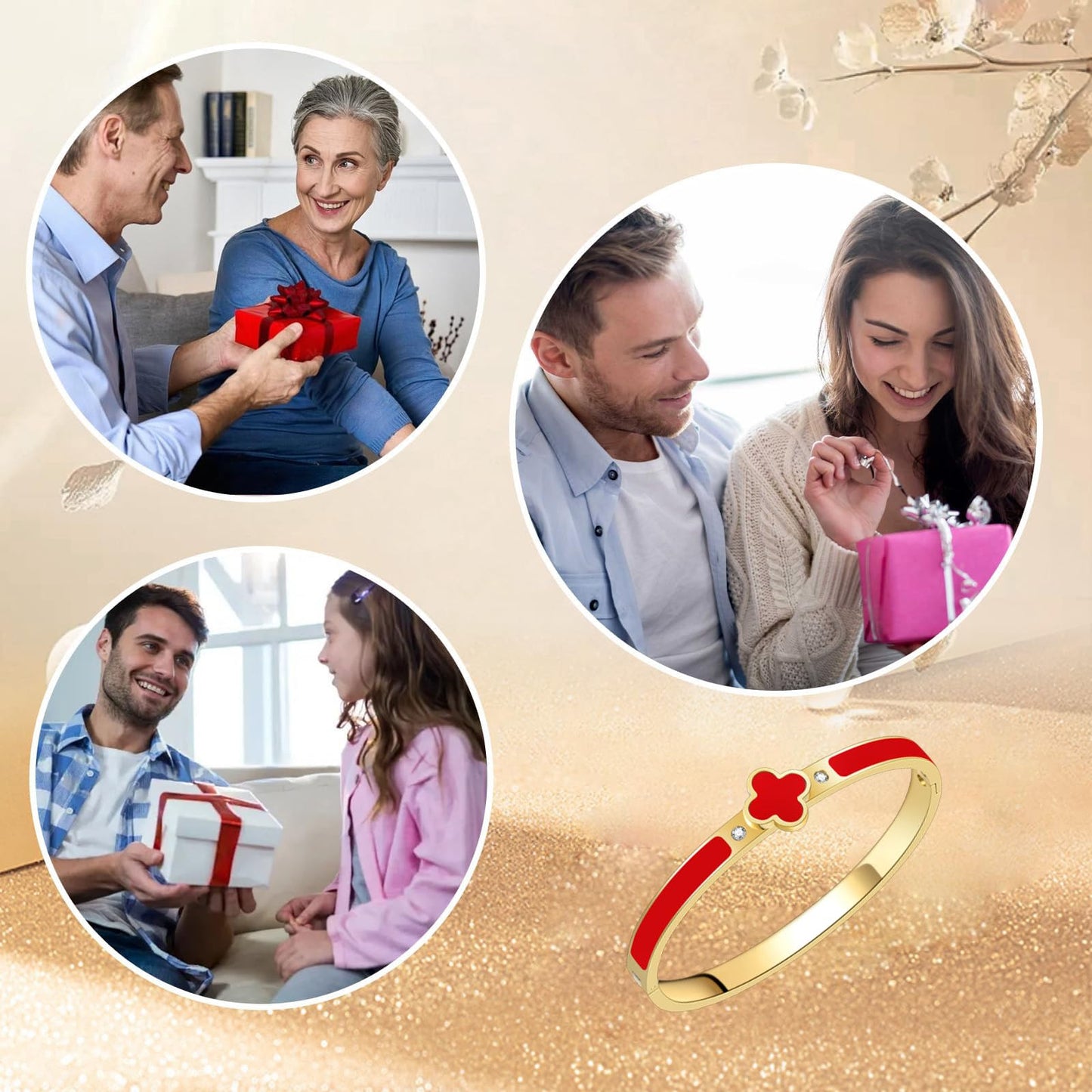 KYJAC 18k Gold Plated Stainless Steel Four Leaf Clover Bracelet for Women - Non-Tarnish, Precision Polished Chunky Oval Bangle in Black, White, Pink, Red Clover Bangle