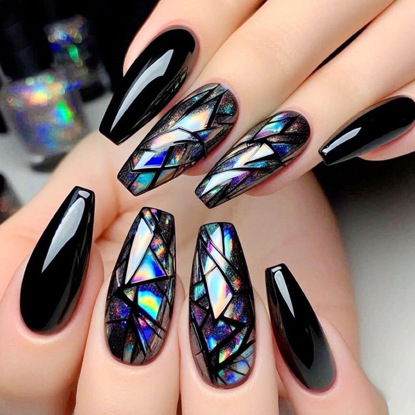 Medium Press on Nails Coffin Fake Nails with Blue Yellow Lines Designs Glossy Nails Press ons Black Full Cover Glue on Nails Acrylic Artificial Stick on Nails for Women 24Pcs
