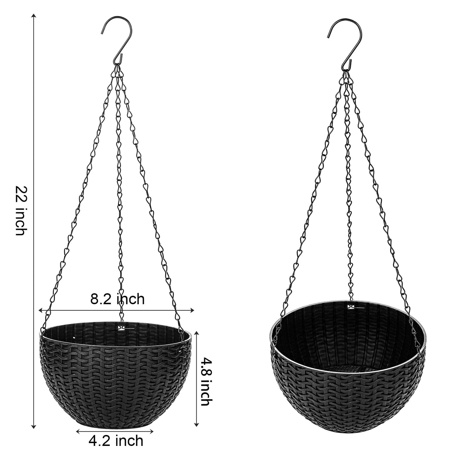 Foraineam 4 Pack Black Hanging Planters, 8.2 inch Hanging Flower Basket Planter Pots, Garden Plant Pot Container, Balcony Patio Hanging Basket Planters with Drainage Hole for Indoor and Outdoor Use