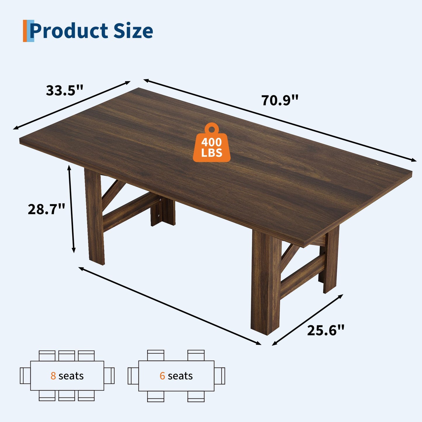 GarveeHome Dining Table for 6-8, 71" Long Large Wooden Farmhouse Kitchen Table with Thick Sturdy Frame, Rectangular Dining Room Dinner Table with Stable Triangular Legs for Kitchen,Office, Retro Brown