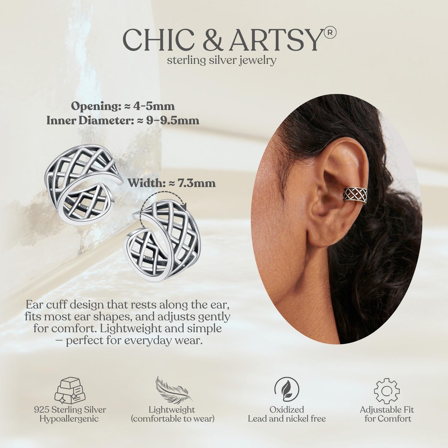 Ear Cuffs 925 Sterling Silver Oxidised Ear Cuffs Non Piercing Geometric Wide Ear Conch Clip on Earrings for Women Adjustable