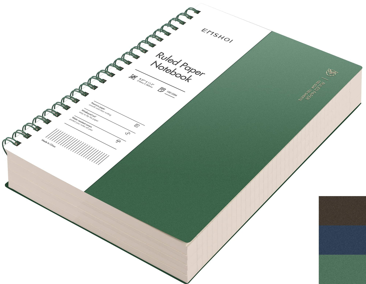EMSHOI A4 Spiral Notebook College Ruled, 11.2" X 8.27", 150 Sheets/300 Pages, 100gsm Thick Lined Journal, Waterproof Softcover, Twin-Wire Binding, for School Work Business Writing, Gifts - Green