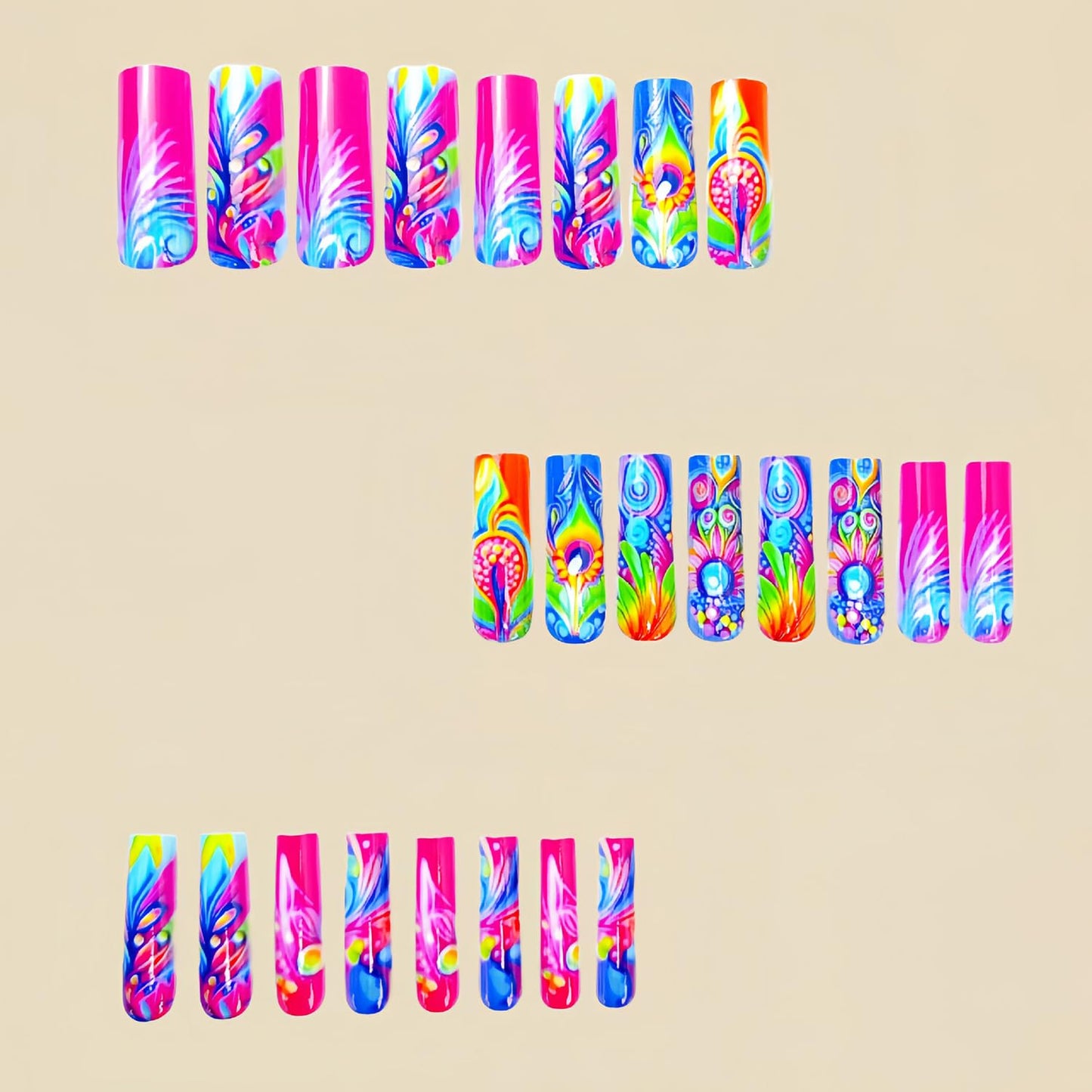 CJDLTS 24Pcs Press on Nails Long Length Colorful False Nails Peacock Feather Pattern Design Press Nails Full Cover Coffin Nails Artificial Acrylic Glue on Nails Ballet Shaped Stick on Nails for Women