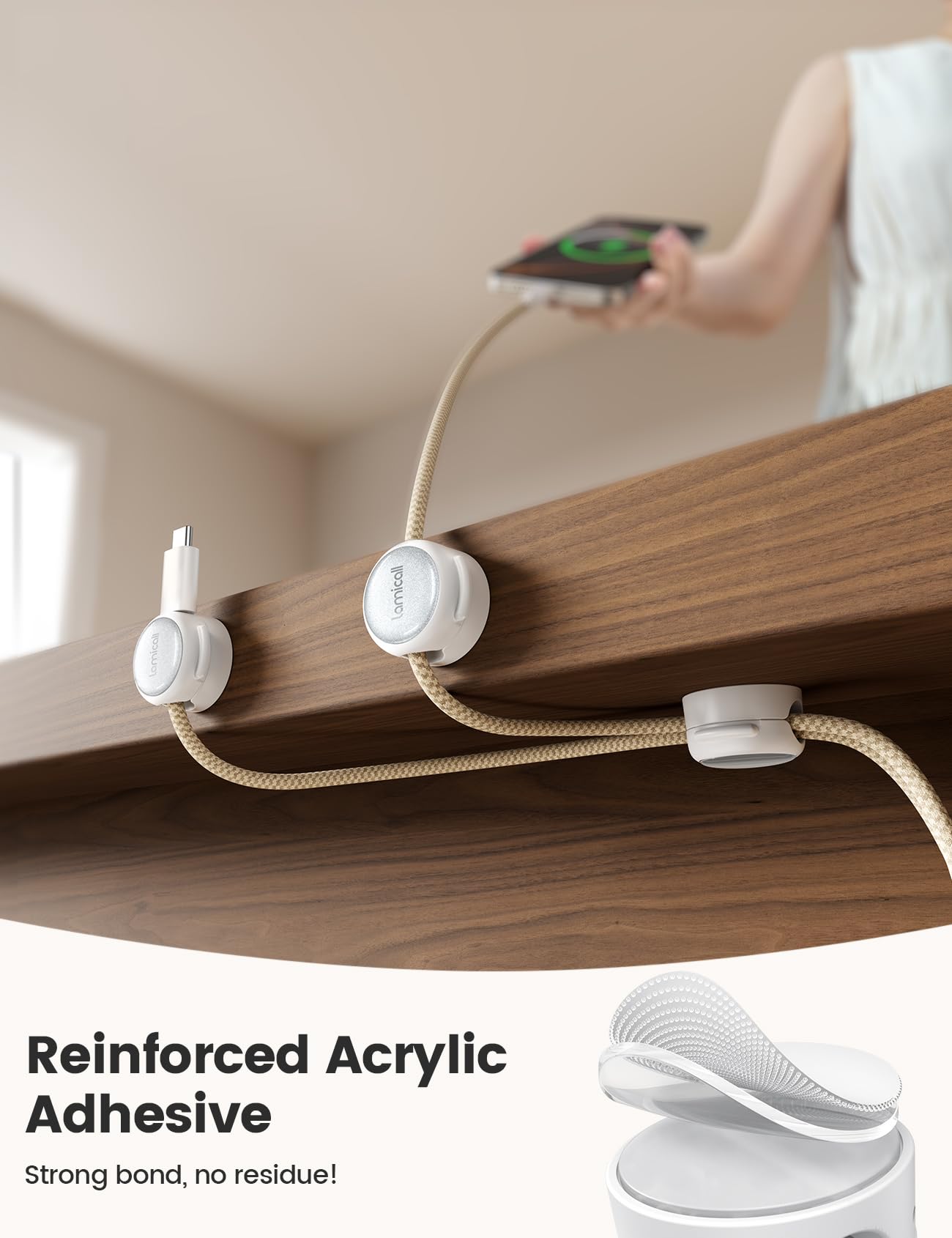 Lamicall 8 Pack Magnetic Cable Clips Cord Organizer - [Crystal-Clear & Silver Shine] Aesthetic Strong Adhesive Phone Charger Cable Management Clips for Nightstand, Home Office Desk Desktop Accessories