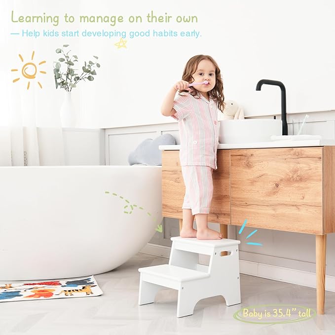 Forbena Wood Toddler Step Stool for Bathroom Sink, White Kids Toilet Step Stool for Potty Training, Small Child Baby Girl Boy 2 Stepping Stool with Handle for Kitchen Counter Nursery Bedroom Closet