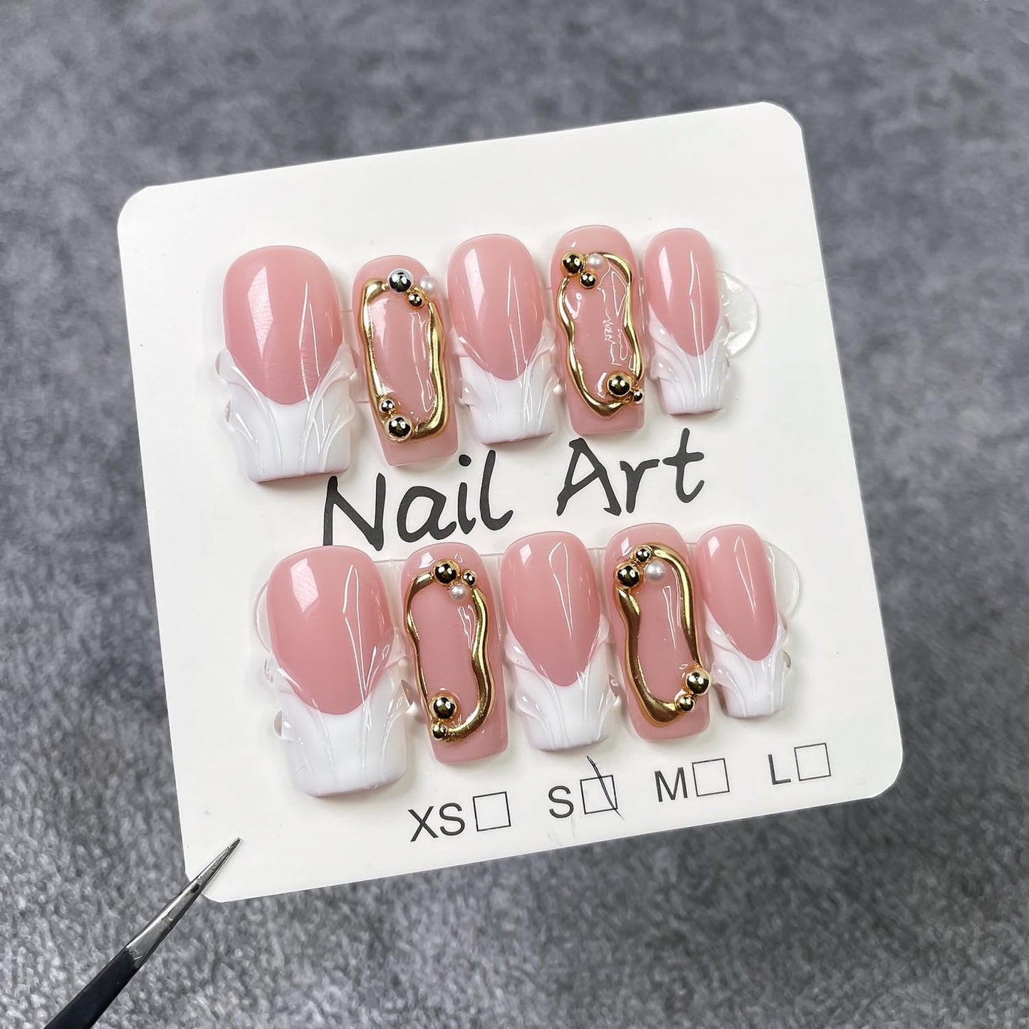 Handmade Press on Nails Square Shape Luxury Medium Hand Made Nails with 3D Pearl & Golden Embossed Design Full Cover White French Tip False Nail for Women (M)