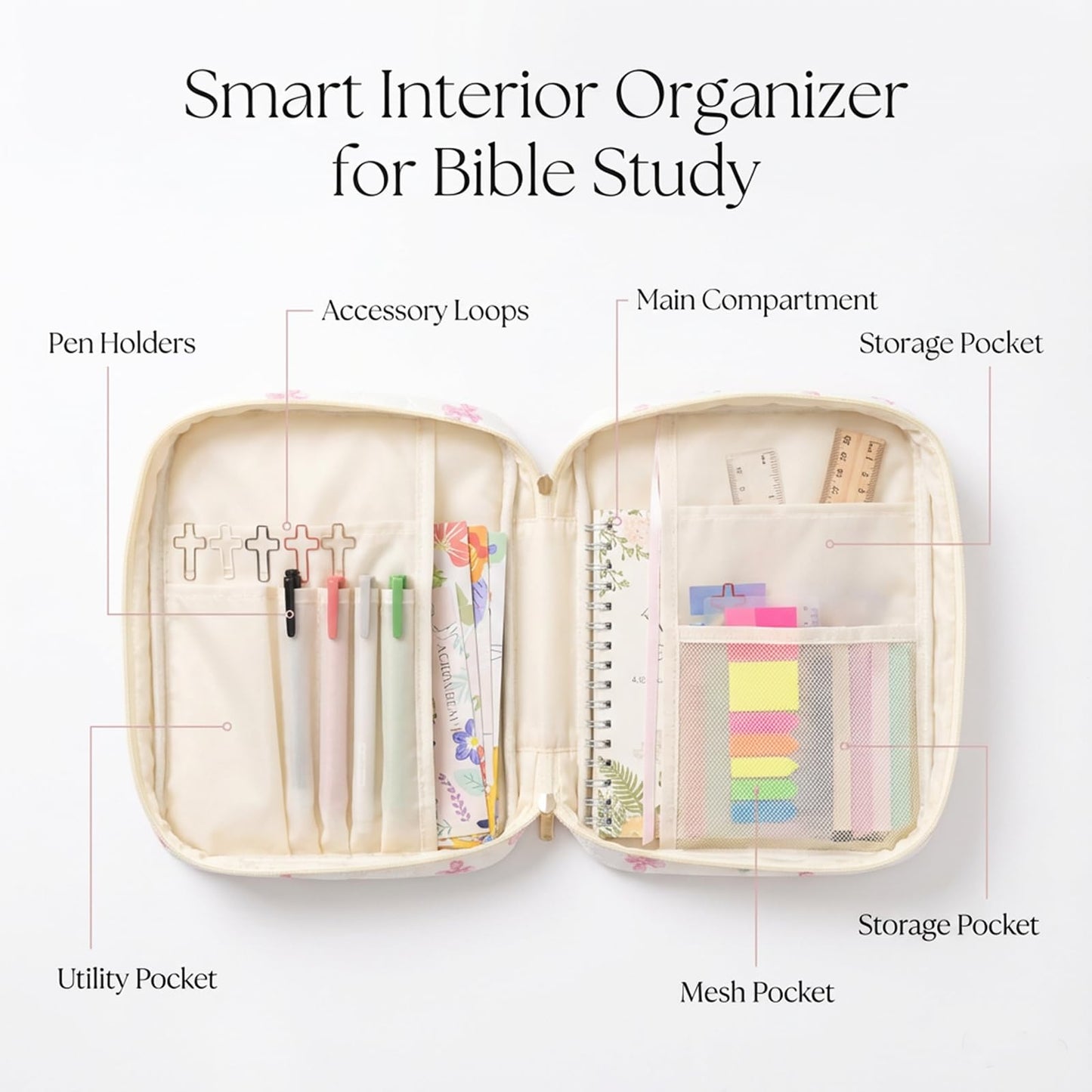 Bible Cover Set with Handle, Large Quilted Bible Bag for Women Girls, Bible Study Supplies Kit with Tabs, Pens, Sticky Notes, Study Planner & Scripture Cards, Christian Gifts for Devotional Journaling