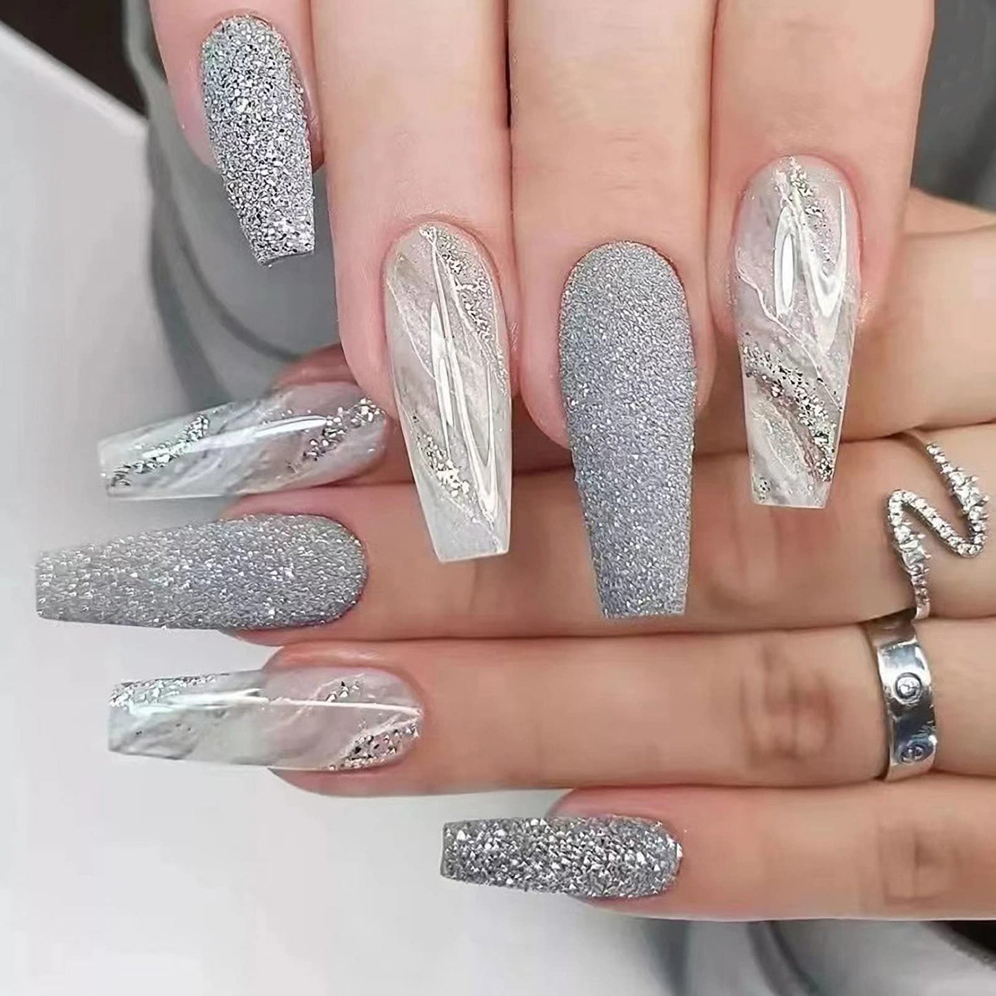 MISUD Press on Nails - Long Coffin Glue on Nails with Gray Ombre, Acrylic Bling Glitter Design 24 pcs