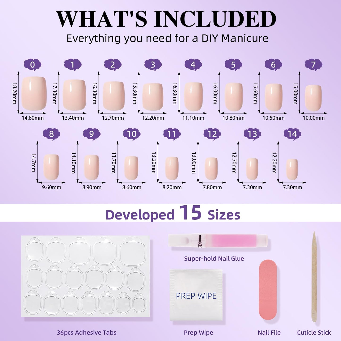 Ombre Press On Nails - Short Square Nude Pink Press on Nails, Glossy Nails Press Ons for Women, Reusable Fake Nails Kit with Glue, 30 Pieces in 15 Sizes