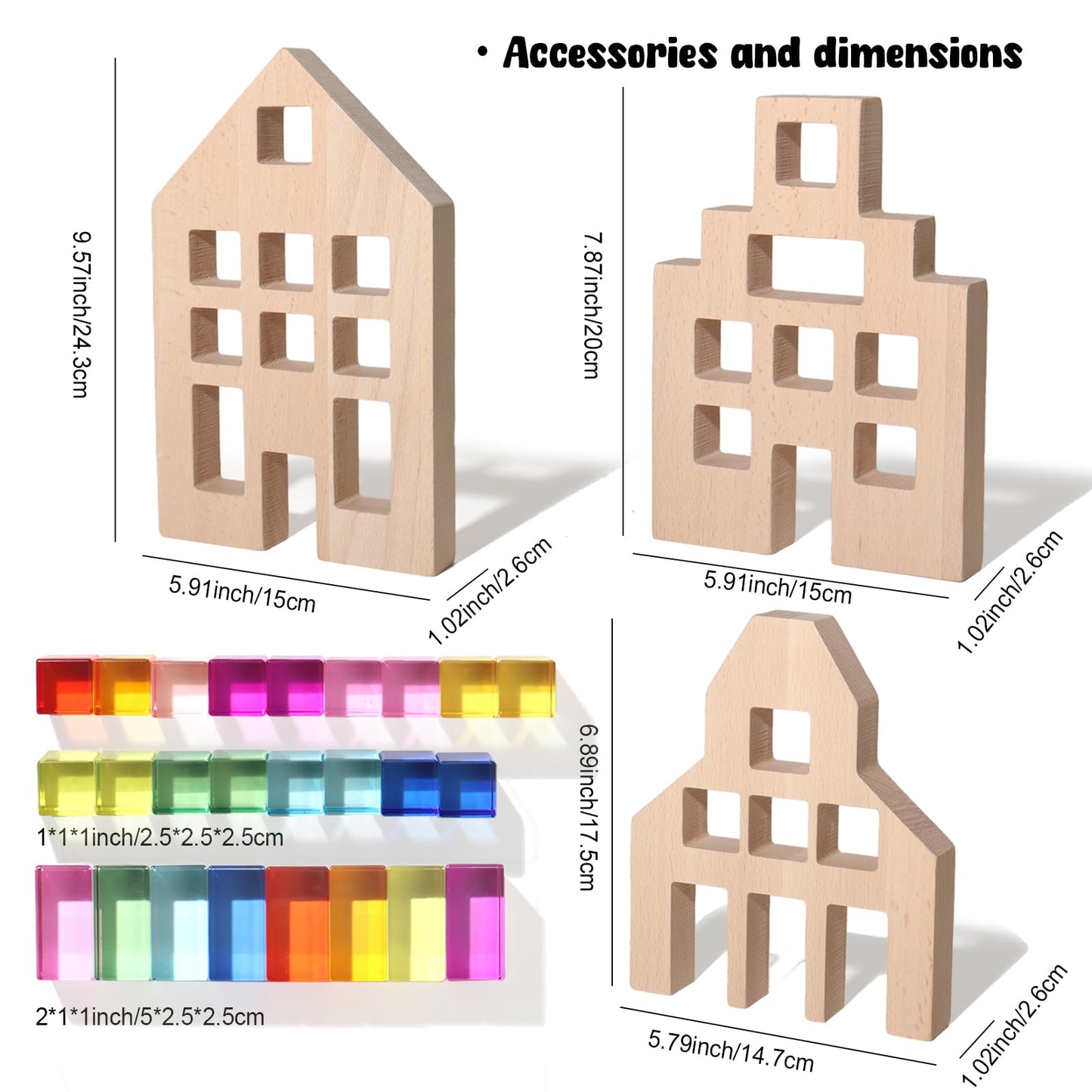 Dinhon 25 Pcs Acrylic Building Blocks with 3 Beech Wood Houses - 17 Cubes + 8 Long Blocks Rainbow Gem Set, Insert & Stack Sensory Toy for 1-5 Years Old Boys Girls, Creative Play Birthday Gift