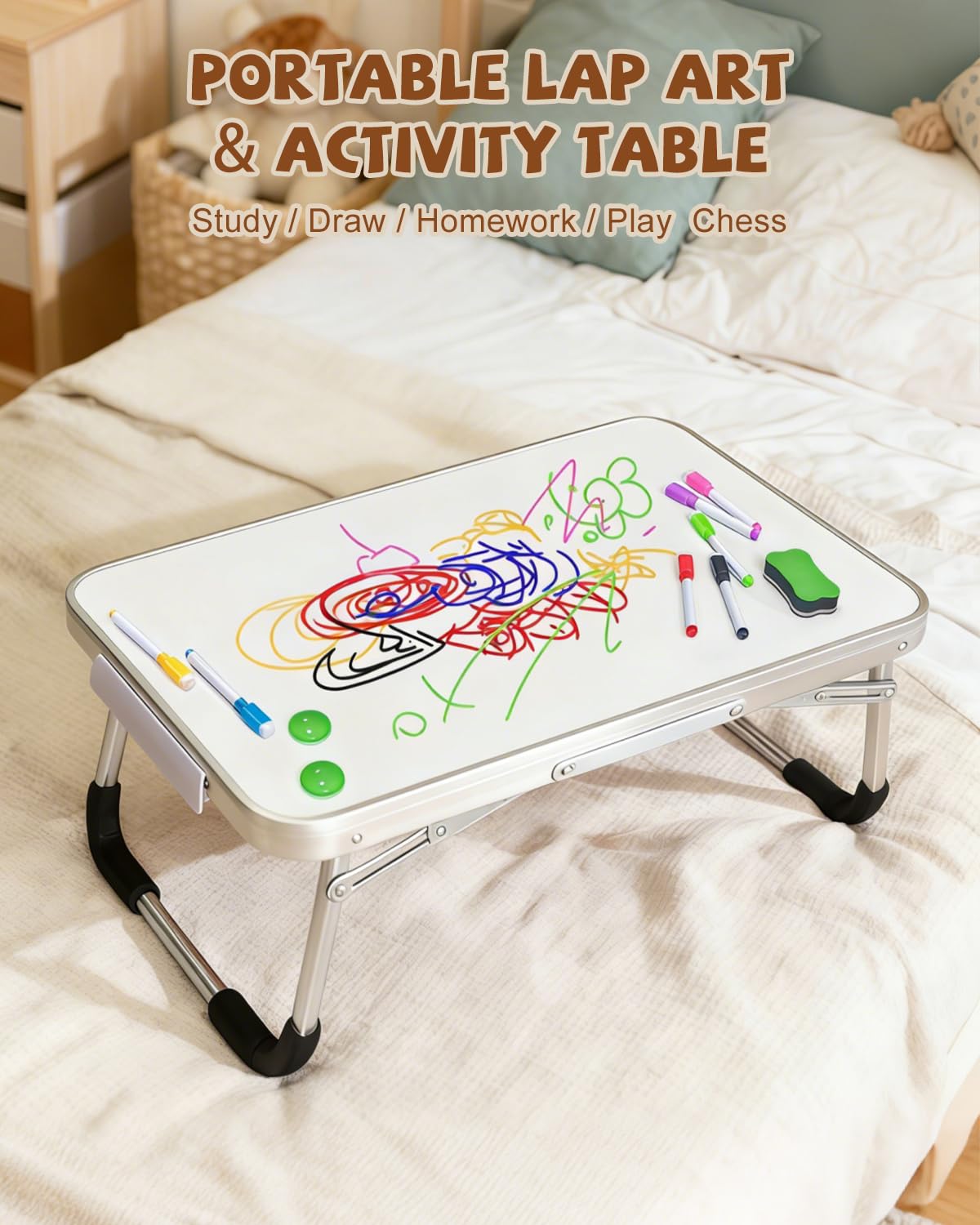 Lap Desk, Dry Erase Board Table with Markers & Magnets, Portable Foldable Art & Activity Desk for Drawing, Writing & Play, Home and Travel Use