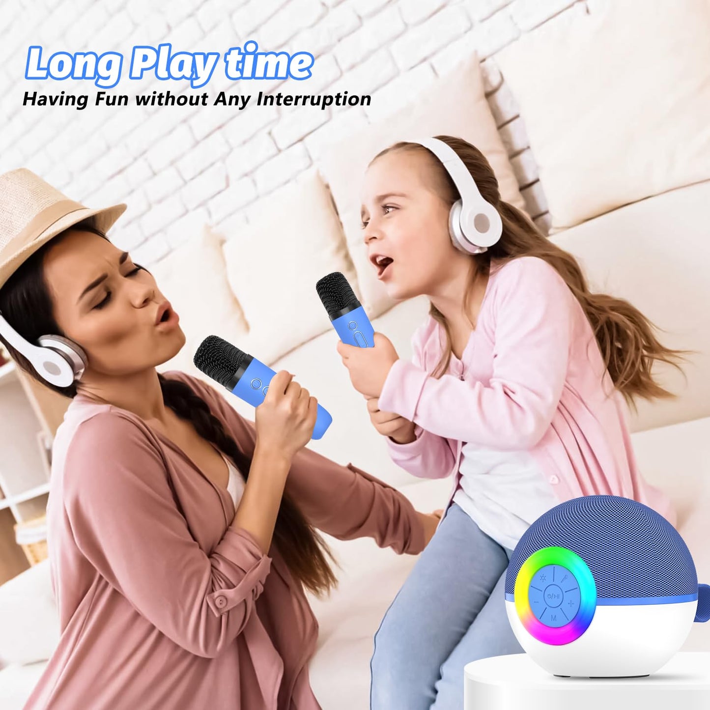 goopow Mini Karaoke Machine Speaker for Kids Adults, Portable Bluetooth Microphone Song Toys with LED Light, Best Chritmas Birthday Festival Gift for 3 4 5 6 7 8+ Year Old Girls Boys (Blue-2MIC)