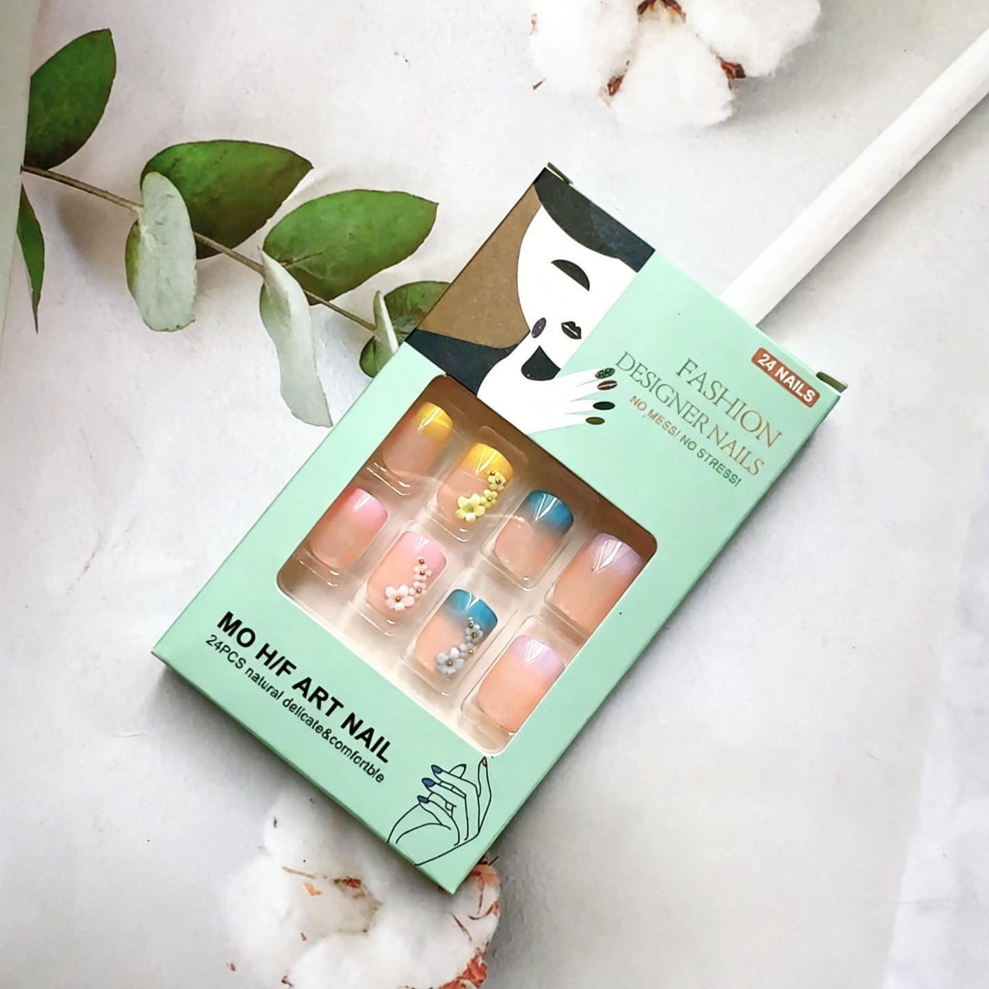 Flower Press on Nails Short Square Fake Nails Spring False Nails with Flowers Charms Design Gradient Colorful Artificial Nails Full Cover Glossy Summer Floral Stick on Nails for Women DIY Manicure