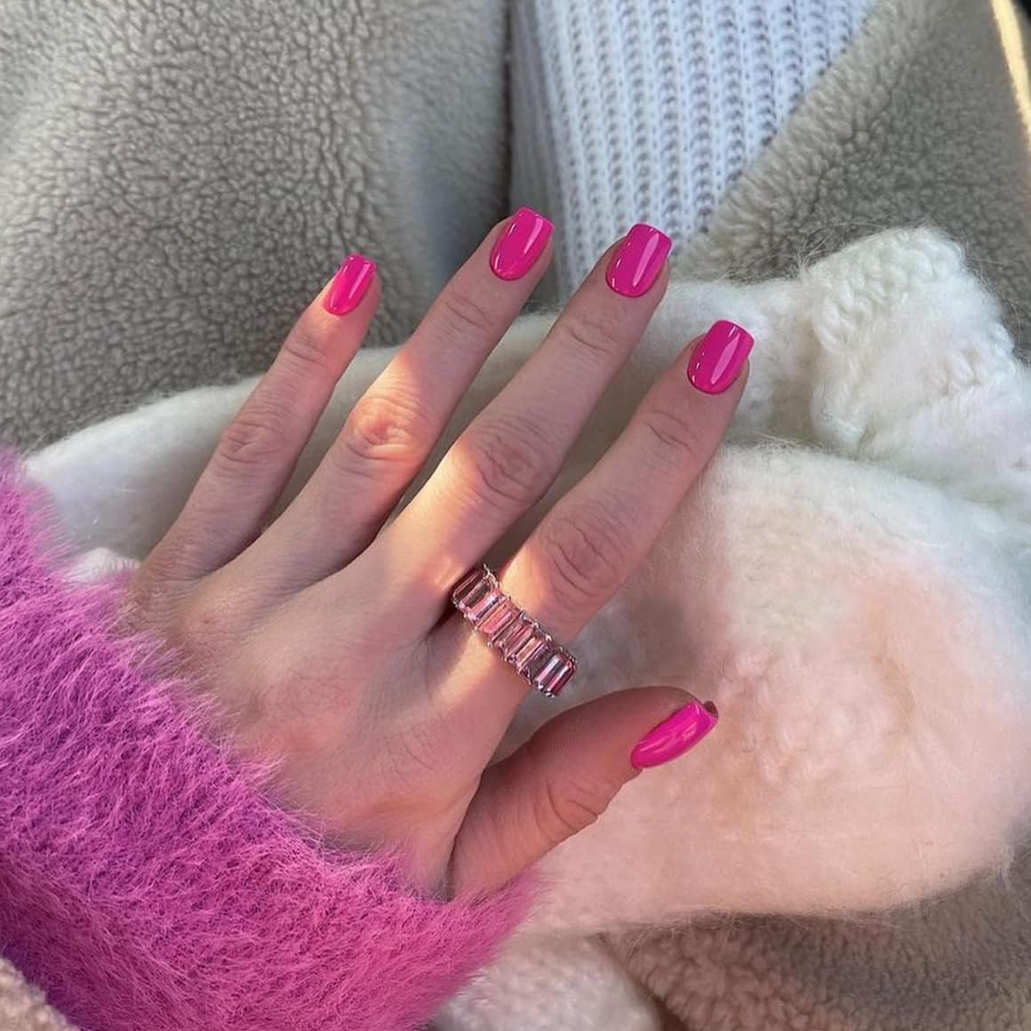 Hot Pink Press On Nails Short Square, KXAMELIE Natural Gel Nails Glue on Acrylic Nails Press ons Featured Protective Coat Thick Reusable Fake Nails Solid Color 24 Short Coffin Artificial Nails