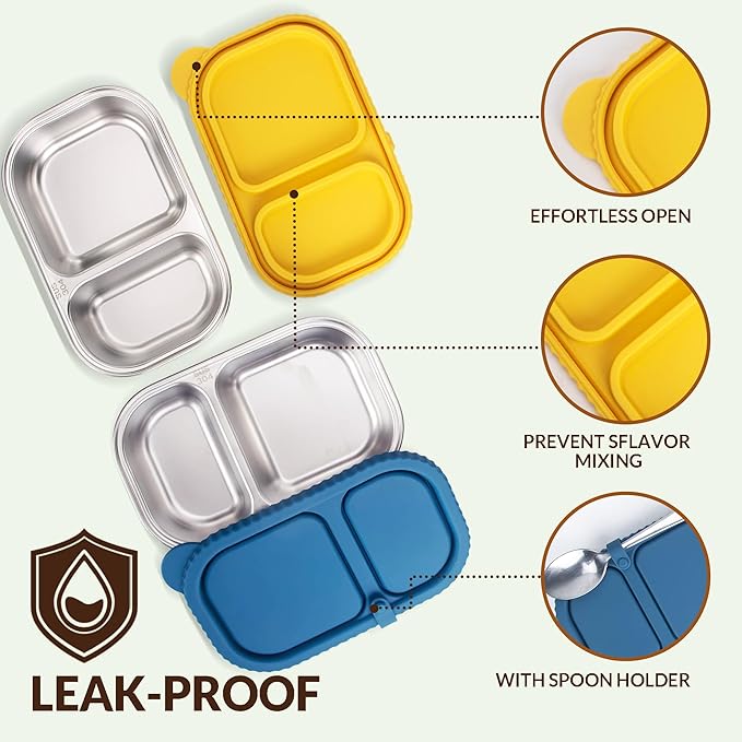 HI-REEKE 13 OZ Stainless Steel Snack Containers with Lids, 2 PCS Reusable Double Compartments Metal Snack Packs for Sauce