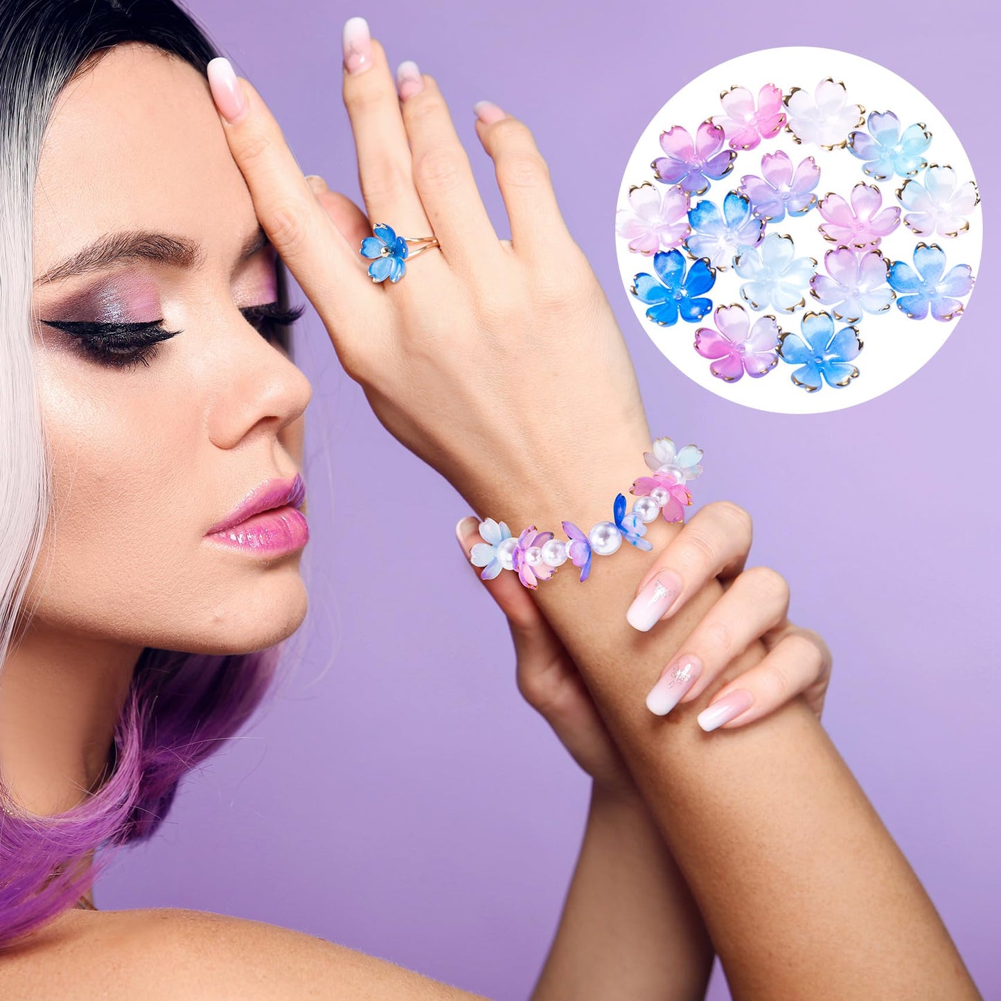 CustomyLife 100Pcs Cherry Blossom Acrylic Flower Beads, Blue Violet Mini Flower Charm Wedding Prom Halloween Christmas Hawaii Decoration for Jewelry Making