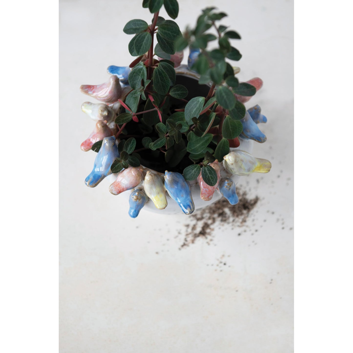 Creative Co-Op Stoneware Planter with Birds on Rim, Reactive Glaze