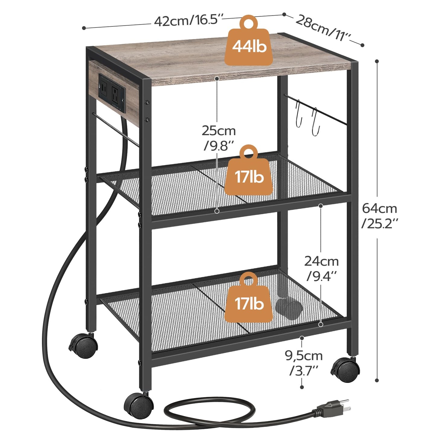 HOOBRO Industrial Printer Stand, 3-Tier Mobile Printer Table, Rolling Cart with Power Outlets and USB Ports, Home Printer Stand with 2 Hooks, for Office, Living Room, Greige and Black BG22UPS01