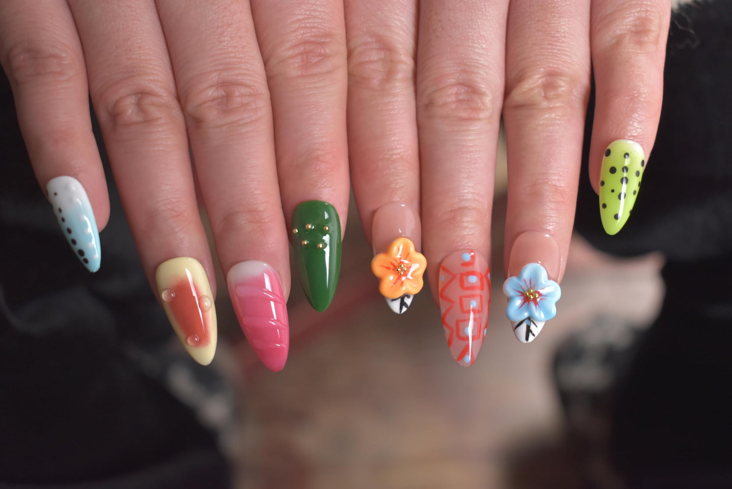 LIFOOST Handmade Press On Nails Almond 3D Hand Painted Flower Fake Nails with Cherry Droplet Designs Reusable Stick On Kit