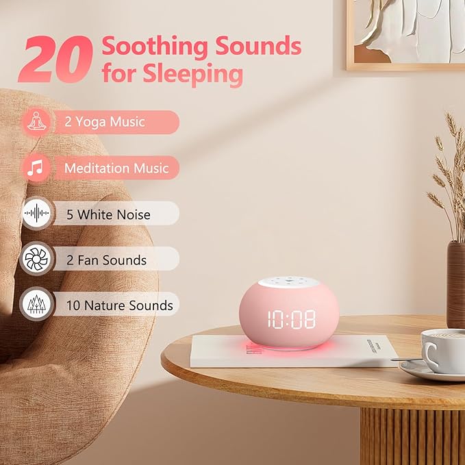 REACHER Auto Dimmable Sound Machine Alarm Clock with Night Light for Girls | 20 soothing sounds, sleep timer, precise volume, soft night lights, auto-dimming display, cute white noise soother for kids
