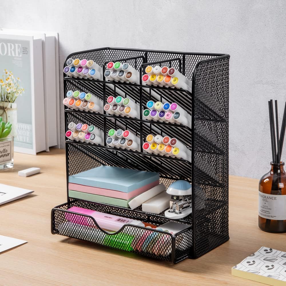 Spacrea Metal Pen Organizer, Pencil Holder for Desk, Desk Organizer with Drawer for School, Home, Art Supplies (Black)