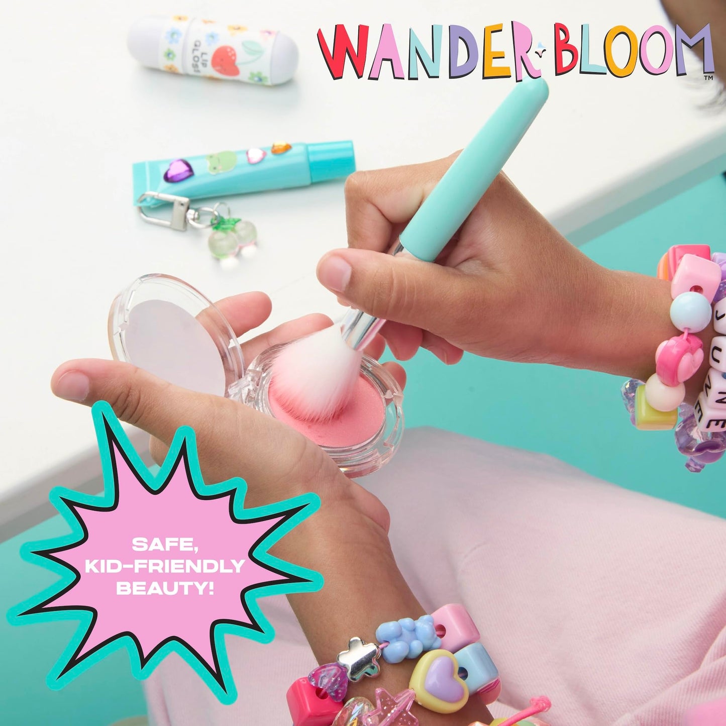 Wander Bloom Beauty Playset, Kids Makeup Kit with Over 85 Pieces, Including Press-On Nails, Lip Balm, Blush, and Face Gems, Pretend Dress-Up Toy for Girls