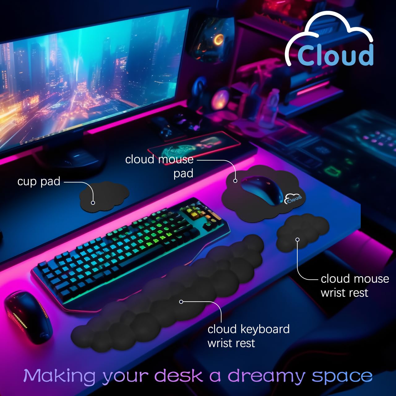Cloud Wrist Rest Keyboard Palm Rest with Non-Slip Base for Computer Gaming Wrist Rest, YAMJUG Cloud Arm Rest Keyboard Wrist Pad Black