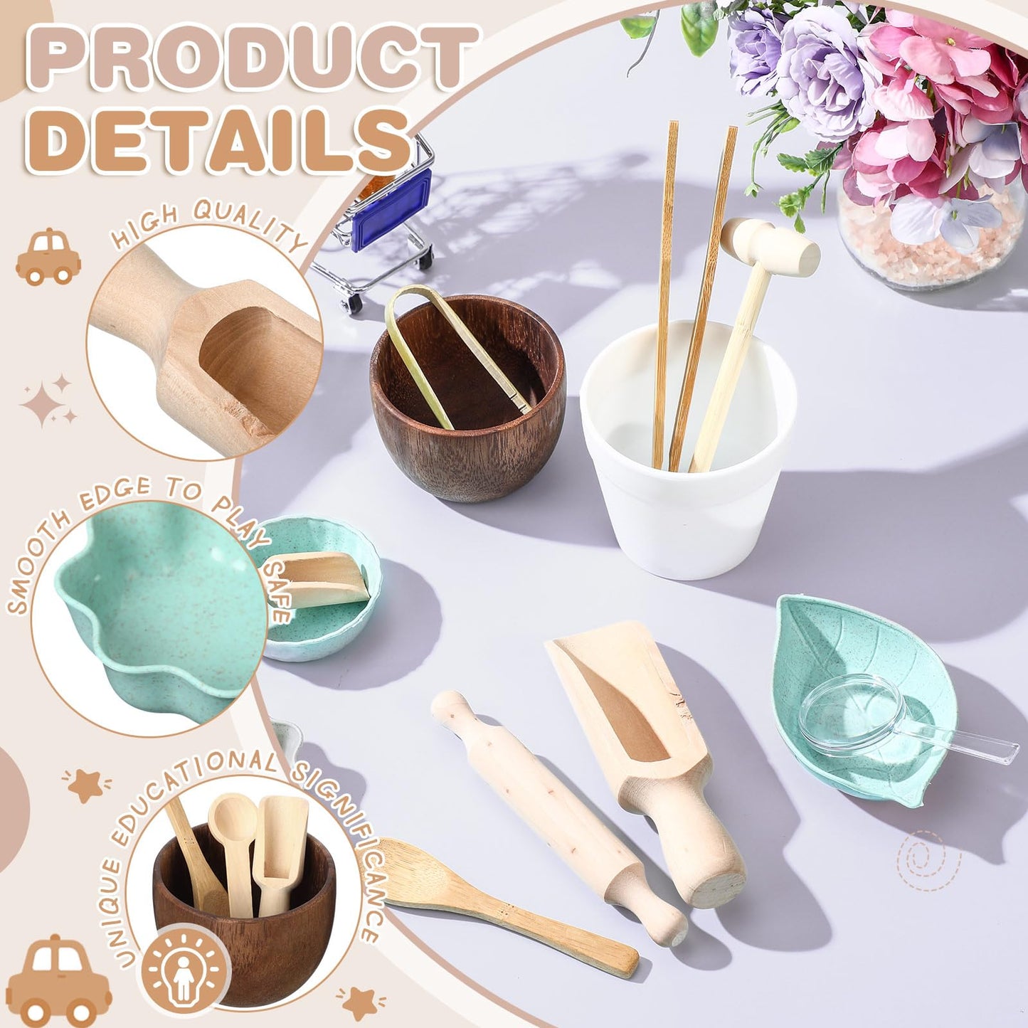 Tiangrid 14pcs Sensory Bin Tool Sensory Tools for Boys and Girls Fine Motor Skill Toys Wooden Tong Spoons Bowls Plate Hammer Magnifying Glass and Rolling Pin for Transfer Work and Fine Motor Learning