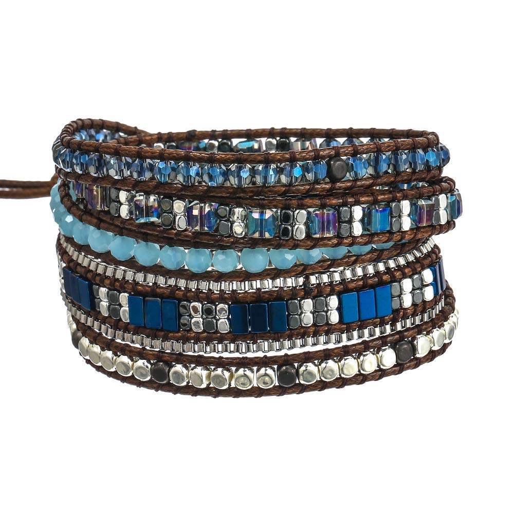 Plumiss Boho 5 Wraps Handmade Beaded Statement Stainless Steel Box Chain Bracelet Jewelry Collection for Men and Women