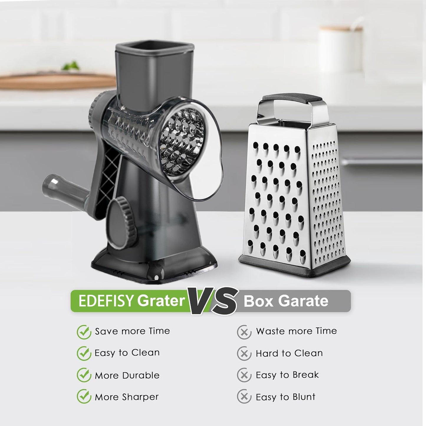 EDEFISY Cheese Grater Hand Crank Rotary Vegetables Shredder with Handle, 3-in-1 Graters with Interchangeable Blades and Non-slip Base Multifunctional Slicer for Kitchen