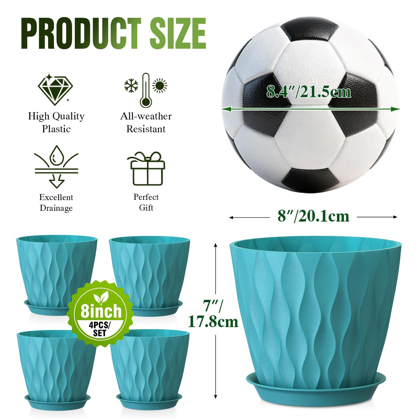 Areutxbis 8 Inch Wave Plant Pots with Drainage Holes & Saucers, 4 Pack Modern Textured Medium Planters for Indoor Outdoor Plants, Decorative Flower Pots Repotting Set for Flowers, Herbs (Blue)